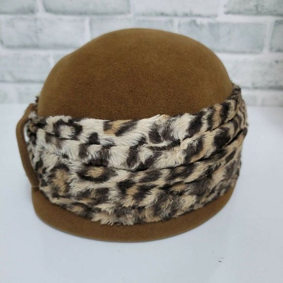 Vintage MARZI Firenze Designer Brown Felt Cloche Hat Faux Fur Leopard Italy - Picture 8 of 10
